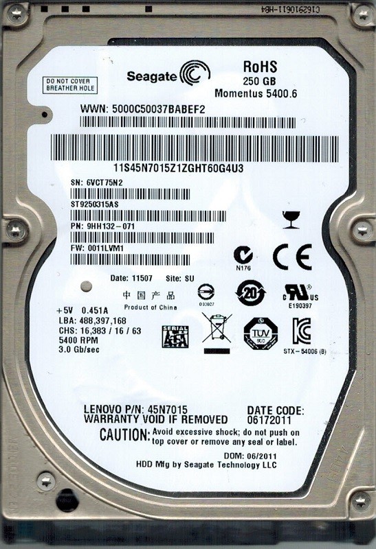 Seagate ST9250315AS P/N: 9HH132-071 F/W: 0011LVM1 SU 250GB