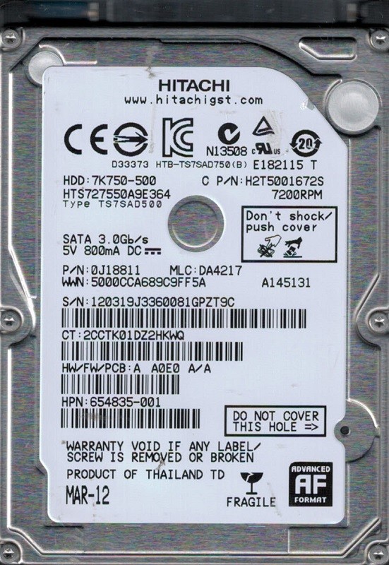 HTS727550A9E364 P/N: 0J18811 MLC: DA4217 Thailand Hitachi 500GB