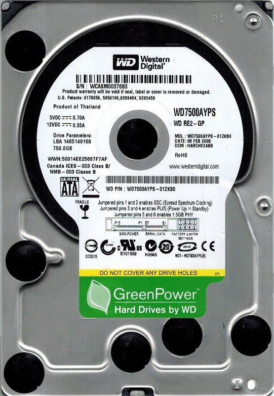 Western Digital WD7500AYPS-01ZKB0 DCM: HARCHV2ABB 750GB