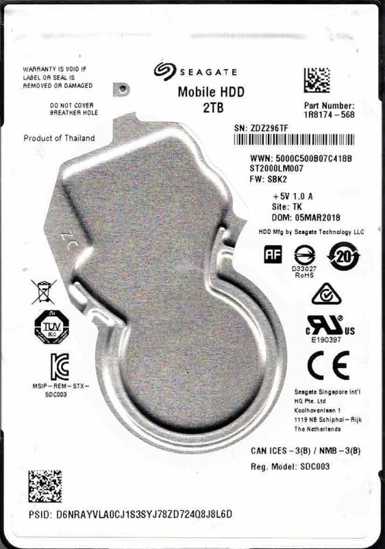 ST2000LM007 P/N: 1R8174-568 F/W: SBK2 TK ZDZ2 MAR 2018 2TB Seagate