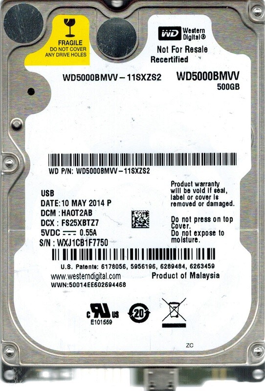 Western Digital WD5000BMVV-11SXZS2 500GB DCM: HAOT2AB WXJ1C