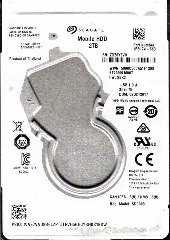 ST2000LM007 P/N: 1R8174-568 F/W: SBK2 TK ZDZ0 OCT 2017 Seagate 2TB