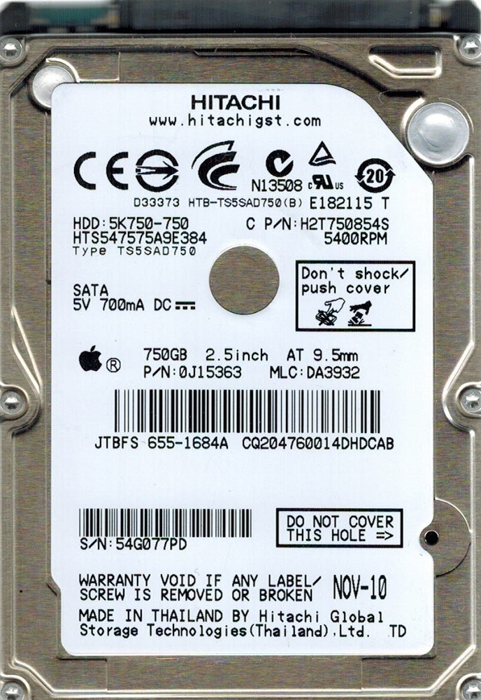 Hitachi HTS547575A9E384 P/N: 0J15363 MLC: DA3932 MAC 655-1684A 750GB