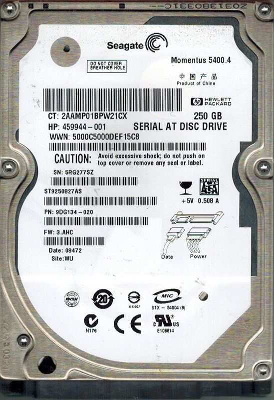 Seagate ST9250827AS 250GB P/N: 9DG134-020 F/W: 3.AHC WU