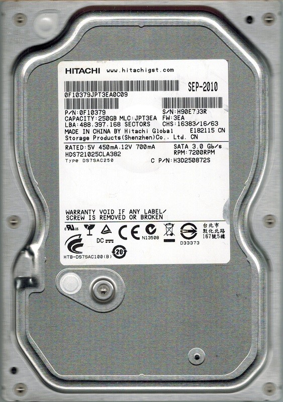 Hitachi HDS721025CLA382 P/N: 0F10379 MLC: JPT3EA 250GB