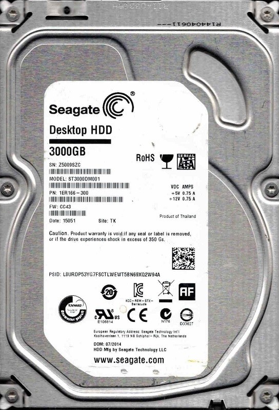 ST3000DM001 P/N: 1ER166-300 F/W: CC43 TK Z500 07/2014 Seagate 3TB