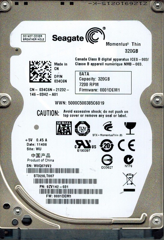 Seagate ST320LT007 P/N: 9ZV142-031 F/W: 0001DEM1 WU 320GB