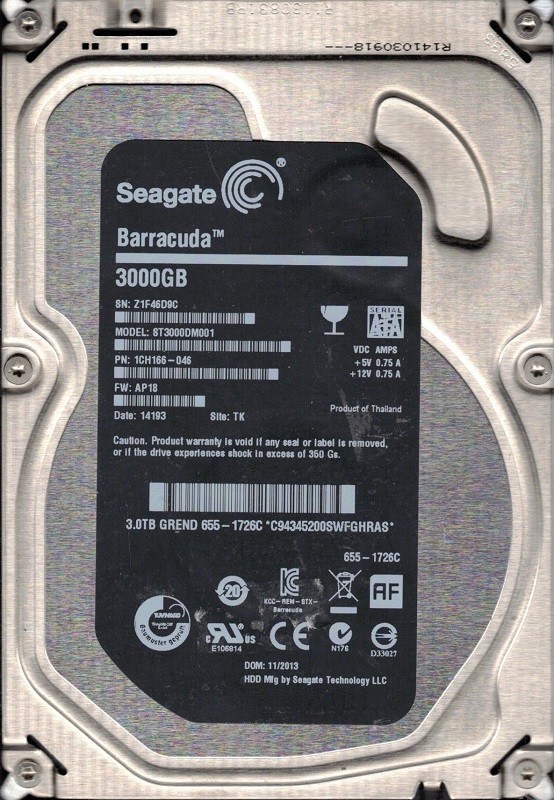 ST3000DM001 P/N: 1CH166-046 F/W: AP18 TK Z1F4 MAC 655-1726C Seagate 3TB