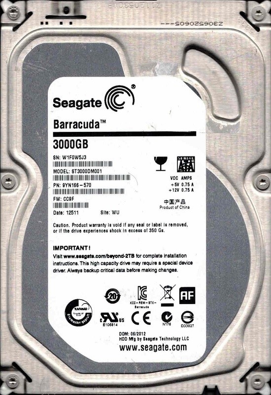 ST3000DM001 P/N: 9YN166-570 F/W: CC9F WU W1F 06/2012 Seagate 3TB