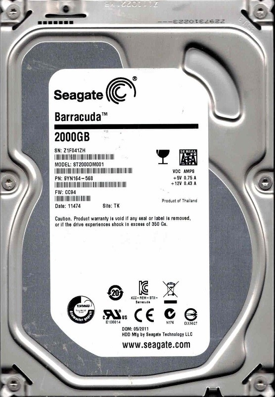 Seagate ST2000DM001 P/N: 9YN164-568 F/W: CC94 2TB TK Z1F 05/2011