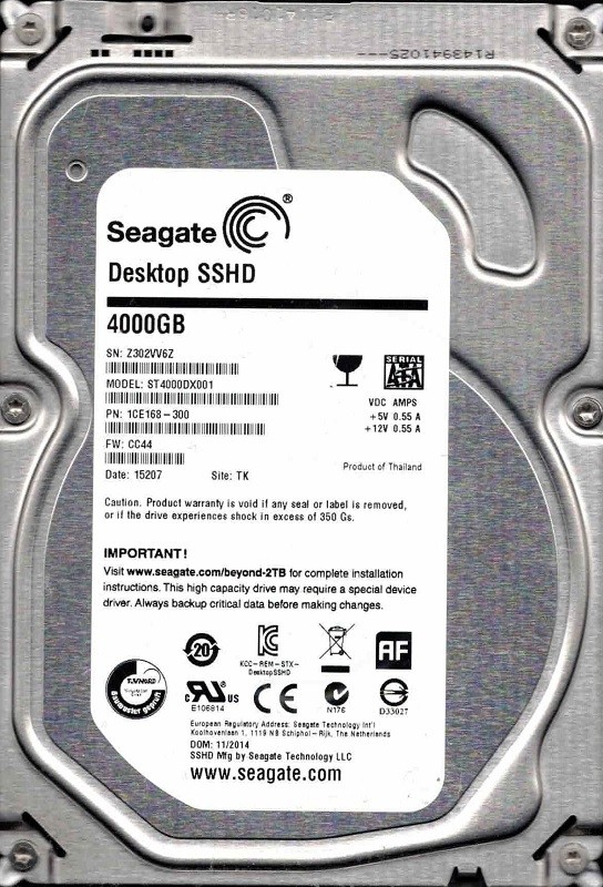 ST4000DX001 P/N: 1CE168-300 F/W: CC44 TK Z302 11/2014 Seagate 4TB