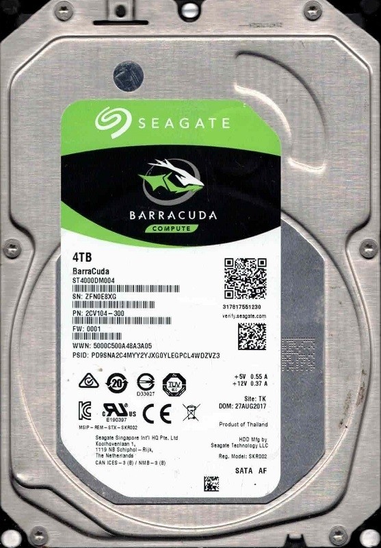 ST4000DM004 P/N: 2CV104-300 F/W: 0001 TK ZFN0 AUG 2017 Seagate Barracuda 4TB
