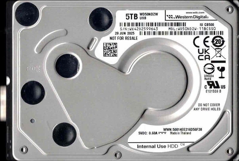 WD50NDZW-11BCSS0 WX82D JUN 2025 Western Digital 5TB USB 2.5" Hard Drive