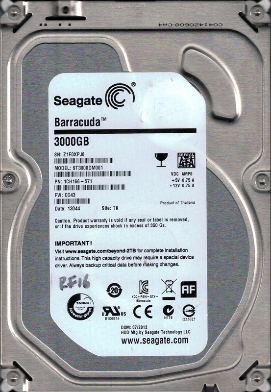 Seagate ST3000DM001 P/N: 1CH166-571 F/W: CC43 3TB TK Z1F