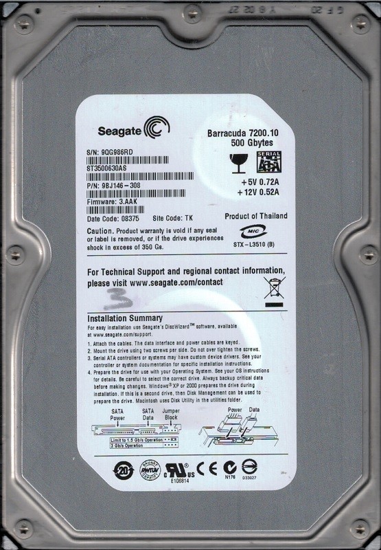 Seagate ST3500630AS 500GB P/N: 9BJ146-308 F/W: 3.AAK TK 9QG