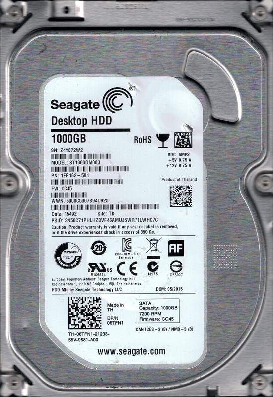 Seagate ST1000DM003 P/N: 1ER162-501 F/W: CC45 1TB TK Z4Y