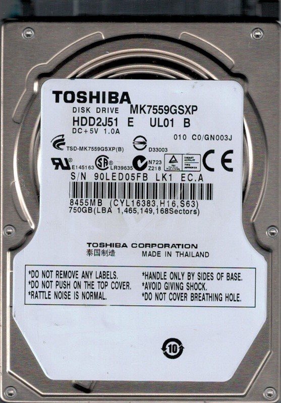 MK7559GSXP HDD2J51 E UL01 B F/W: C0/GN003J Toshiba 750GB