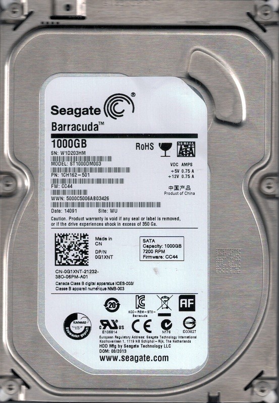 Seagate ST1000DM003 P/N: 1CH162-501 F/W: CC44 WU W1D 1TB