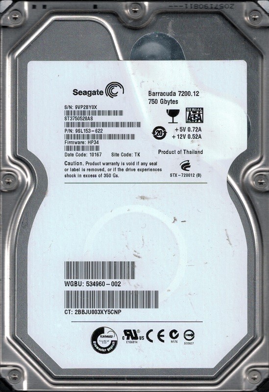 Seagate ST3750528AS P/N: 9SL153-622 F/W: HP34 750GB TK 9VP