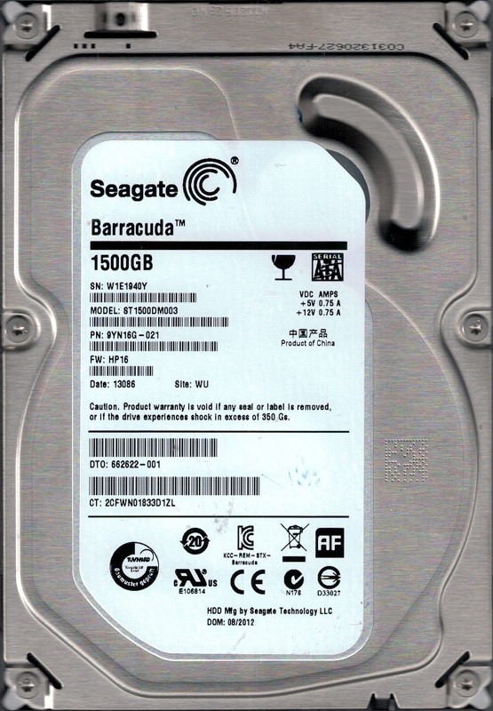 Seagate ST1500DM003 P/N: 9YN16G-021 F/W: HP16 1.5TB WU W1E