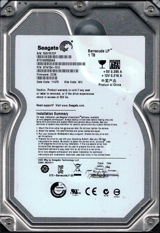 Seagate ST31000520AS P/N: 9TN154-513 F/W: CC38 1TB WU 5VX Barracuda LP
