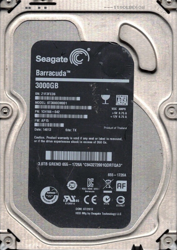 ST3000DM001 P/N: 1CH166-042 F/W: AP15 TK Z1F MAC 655-1726A Seagate 3TB