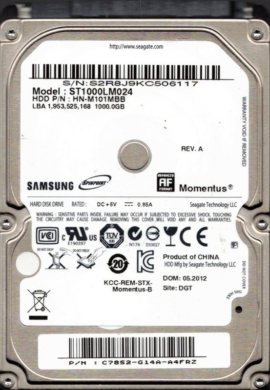 ST1000LM024 HN-M101MBB REV A P/N: C7852-G14A-A4FRZ Samsung 1TB