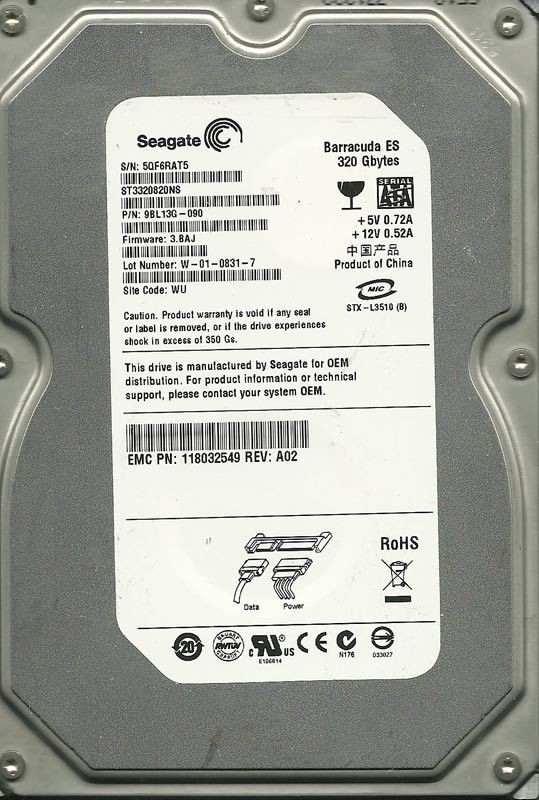 SEAGATE ST3320820NS 320GB P/N 9BL13G-090 F/W 3.BAJ WU 5QF