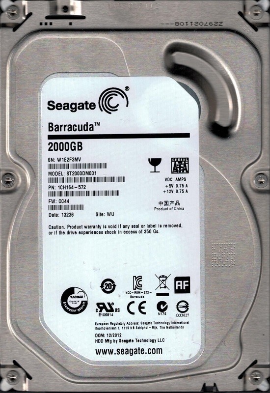 Seagate ST2000DM001 P/N: 1CH164-572 F/W: CC44 2TB WU W1E