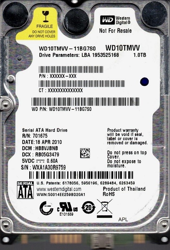 WD10TMVV-11BG7S0 DCM: HBBVJBNB WXA1A Western Digital 1TB
