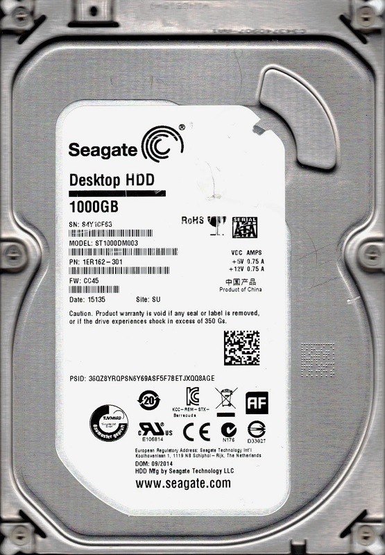 ST1000DM003 P/N: 1ER162-301 F/W: CC45 SU S4Y Seagate 1TB