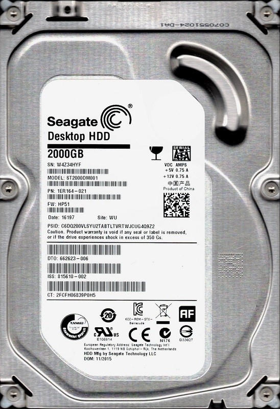 ST2000DM001 P/N: 1ER164-021 F/W: HP51 WU W4Z Seagate 2TB Desktop HDD