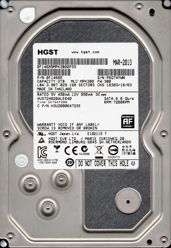 HUS724020ALE640 P/N: 0F14685 MLC: MPK3B0 HGST 2TB