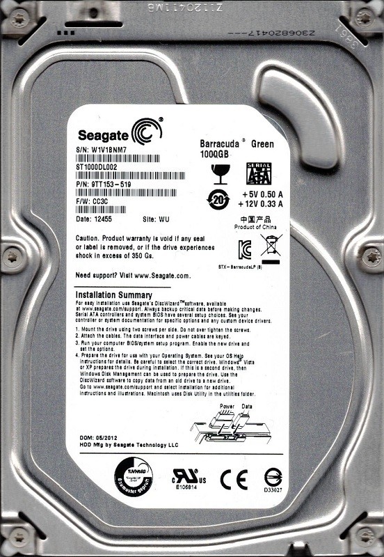 Seagate ST1000DL002 P/N: 9TT153-519 F/W: CC3C 1TB WU W1V