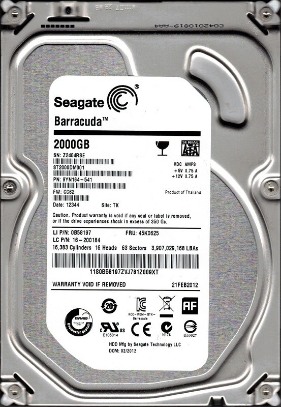 ST2000DM001 P/N: 9YN164-541 F/W: CC62 TK Z24 Seagate 2TB