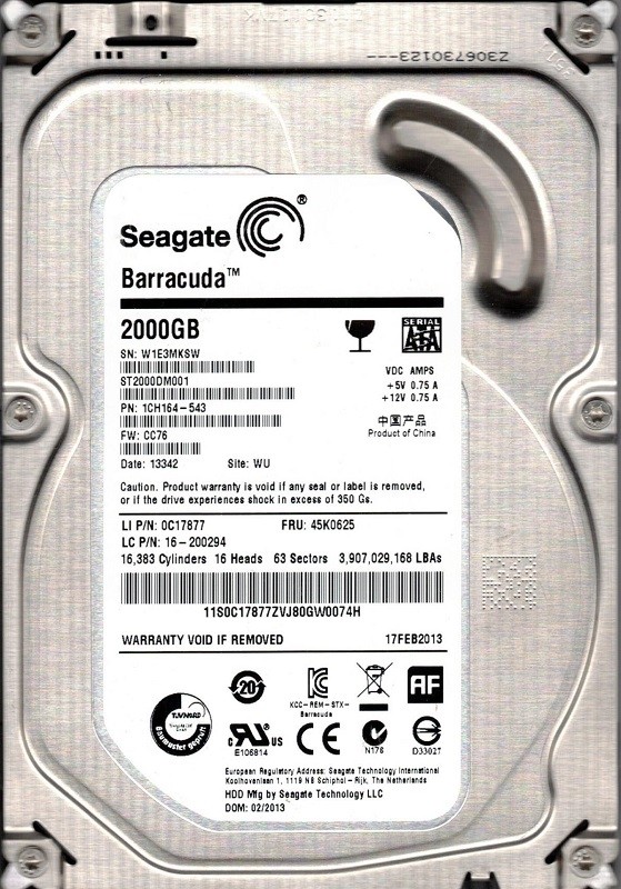 ST2000DM001 P/N: 1CH164-543 F/W: CC76 WU W1E Seagate 2TB