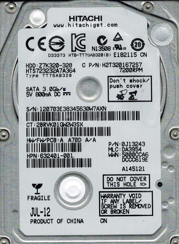 Hitachi HTS723232A7A364 P/N: 0J13243 MLC: DA3954 320GB