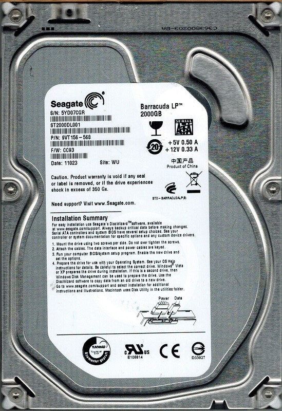 Seagate ST2000DL001 2TB P/N: 9VT156-568 F/W: CC93 WU