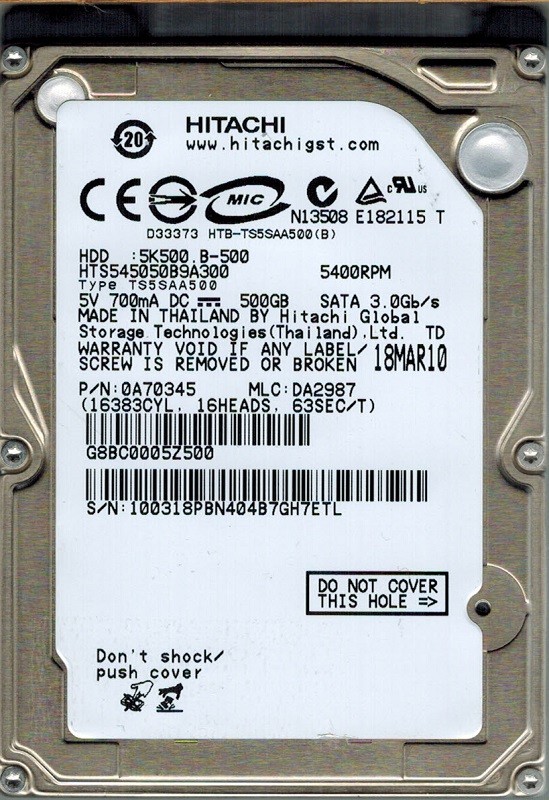 Hitachi HTS545050B9A300 P/N: 0A70345 MLC: DA2987 500GB 