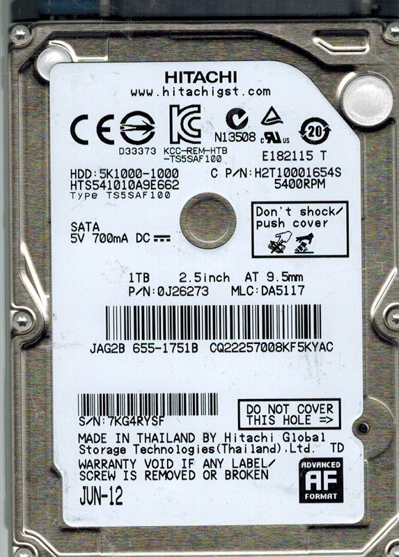 Hitachi HTS541010A9E662 P/N: 0J26273 MLC: DA5117 1TB