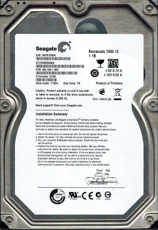 Seagate ST31000528AS P/N: 9SL154-303 F/W: CC46 1TB TK 9VP