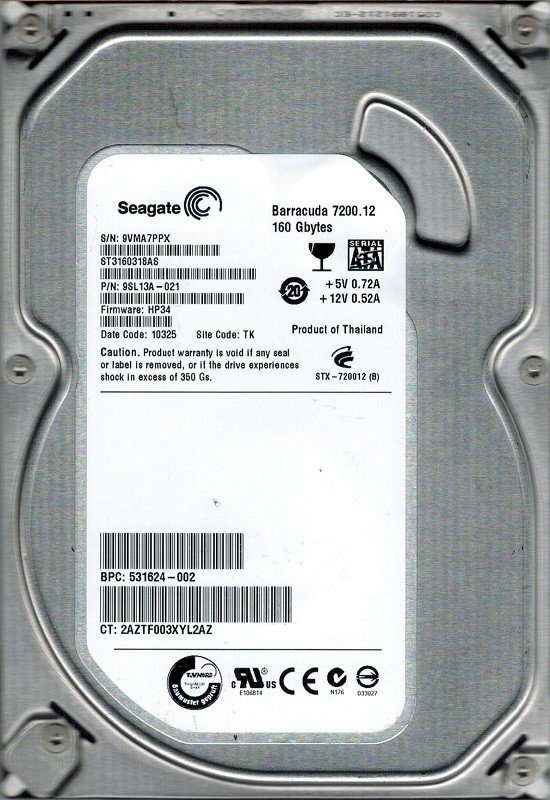 Seagate ST3160318AS P/N: 9SL13A-021 F/W: HP34 160GB TK