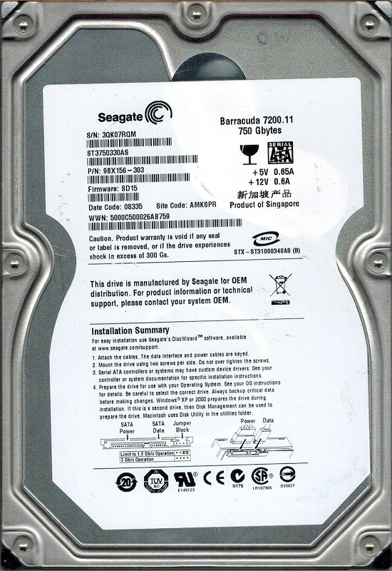 Seagate ST3750330AS 750GB P/N: 9BX156-303 F/W: SD15 AMKSPR