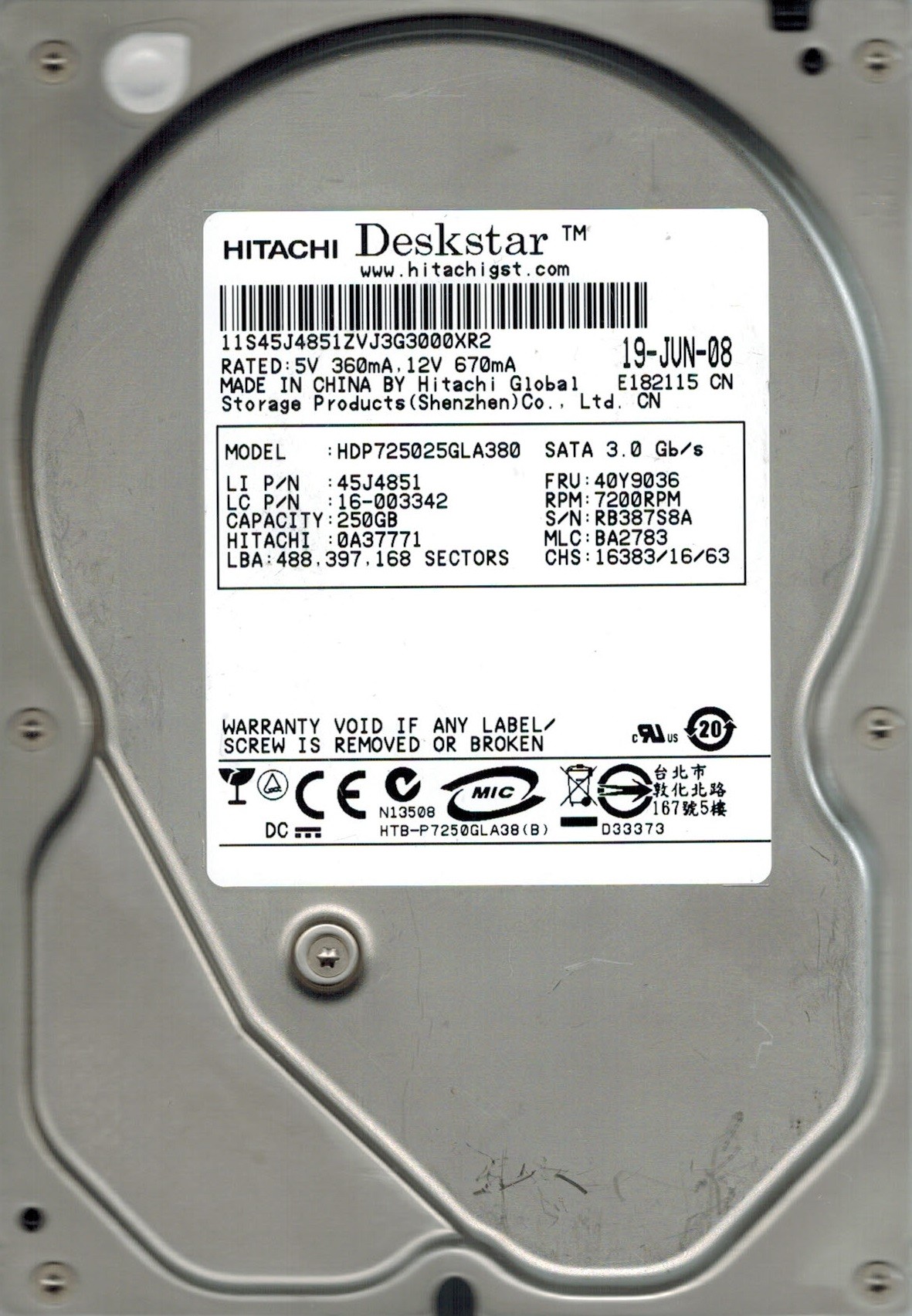 Hitachi HDP725025GLA380 P/N: 0A37771 MLC: BA2783 250GB