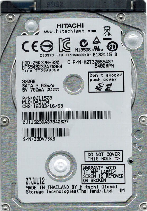 Hitachi HTS543232A7A384 MLC: DA3734 P/N: 0J11523 320GB