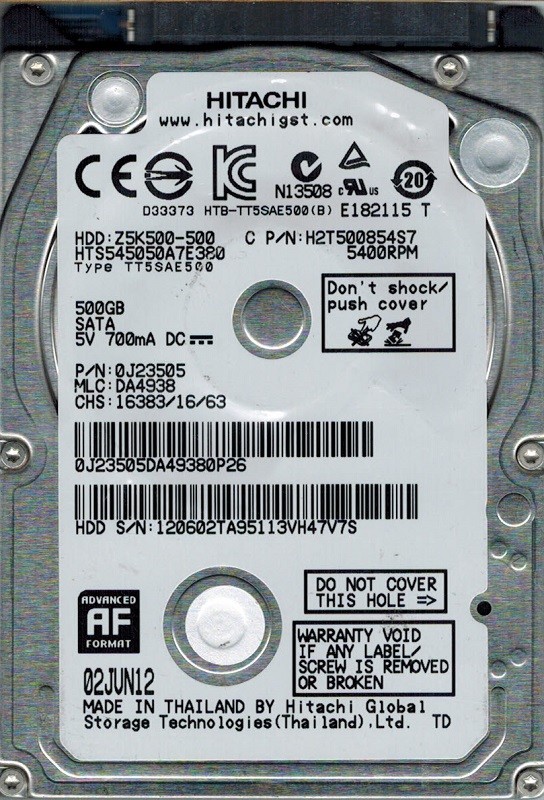 Hitachi HTS545050A7E380 P/N: 0J23505 MLC: DA4938 500GB
