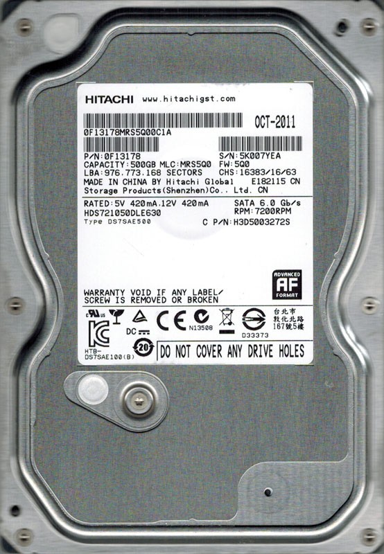 Hitachi HDS721050DLE630 P/N: 0F13178 MLC: MRS5Q0 500GB