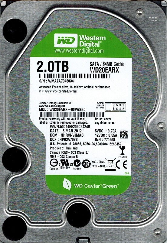 WD20EARX-00PASB0 Western Digital DCM: HHRCNVJMAB 2TB