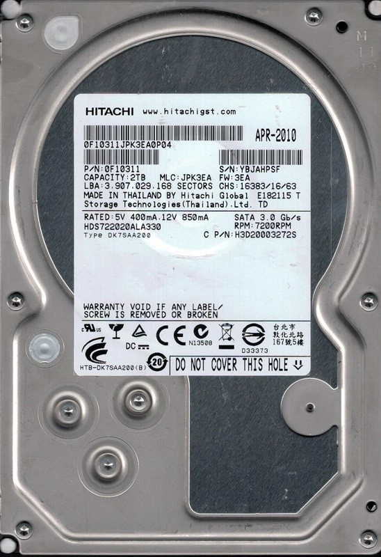HDS722020ALA330 P/N: 0F10311 MLC: JPK3EA Thailand Hitachi 2TB