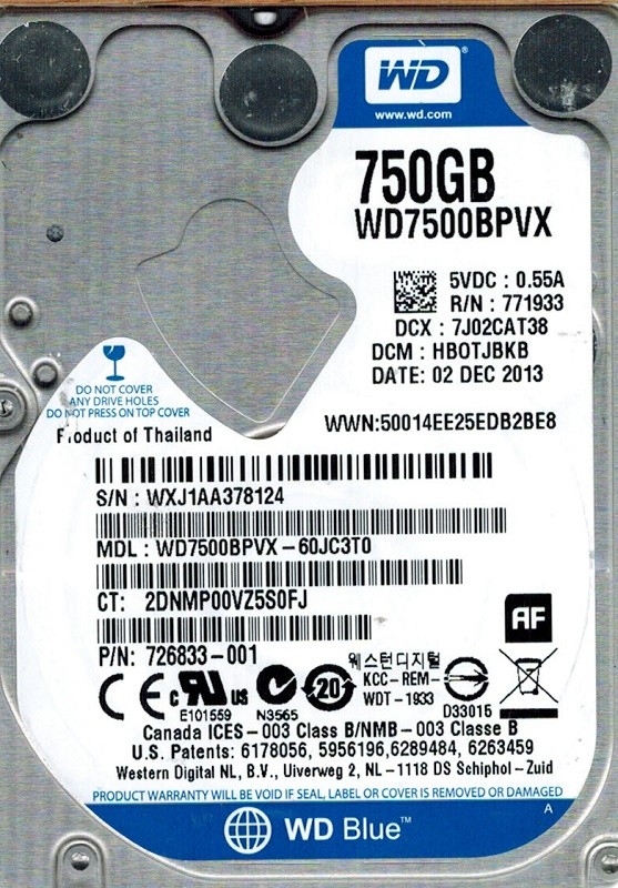Western Digital WD7500BPVX-60JC3T0 DCM: HBOTJBKB 750GB
